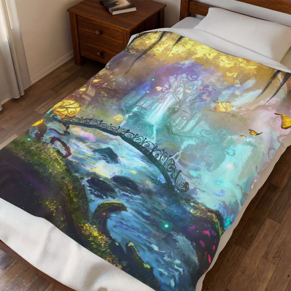Enchanted Forest Velveteen Plush Blanket — Dreamy Fairy Bridge Design