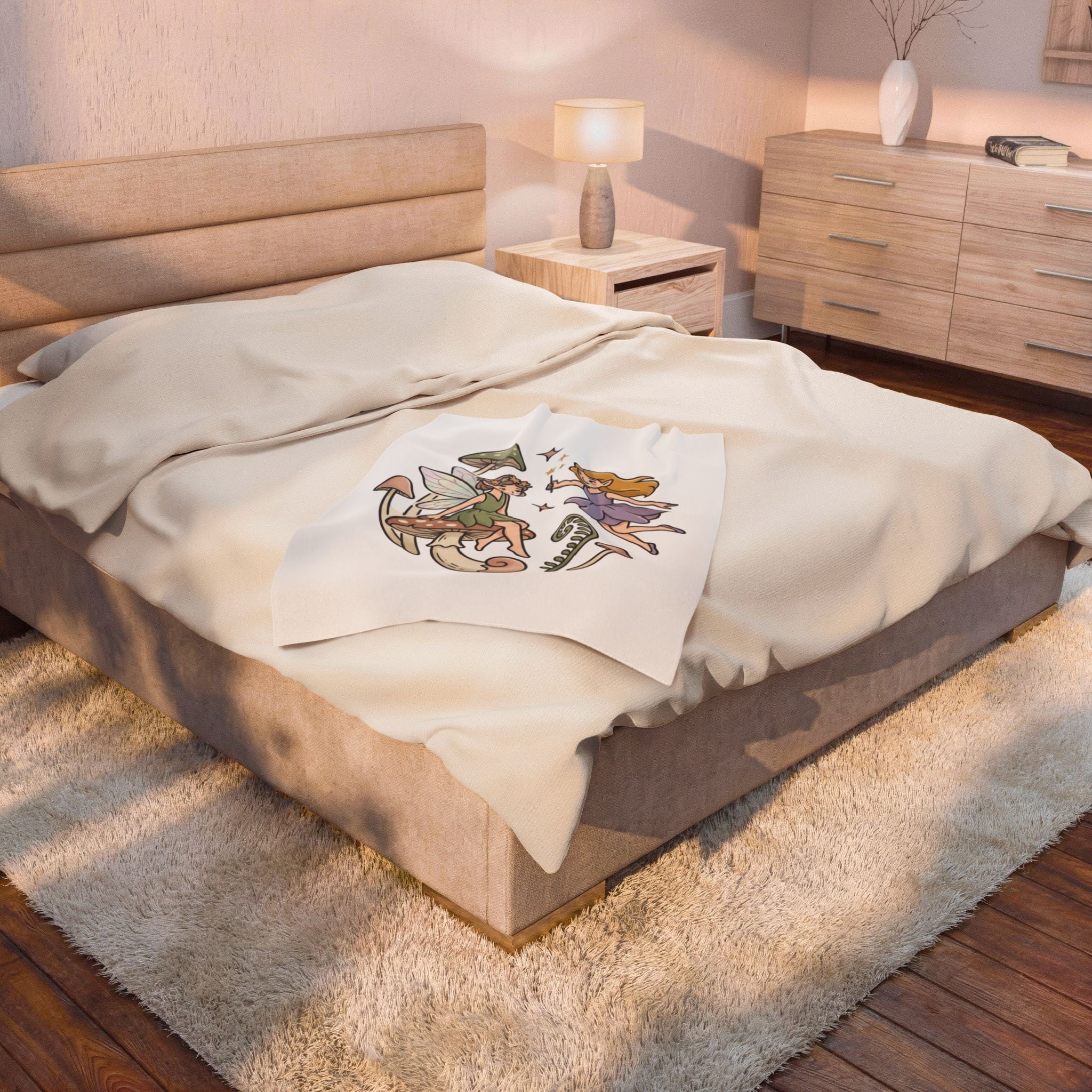 Fairy Mushroom Velveteen Plush Blanket — Whimsical Woodland Fairy Throw for Kids & Gift