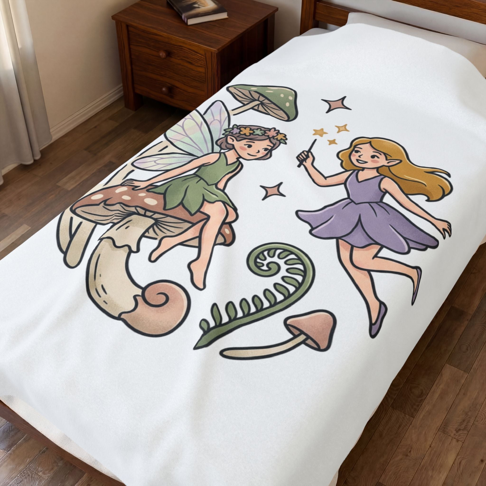 Fairy Mushroom Velveteen Plush Blanket — Whimsical Woodland Fairy Throw for Kids & Gift