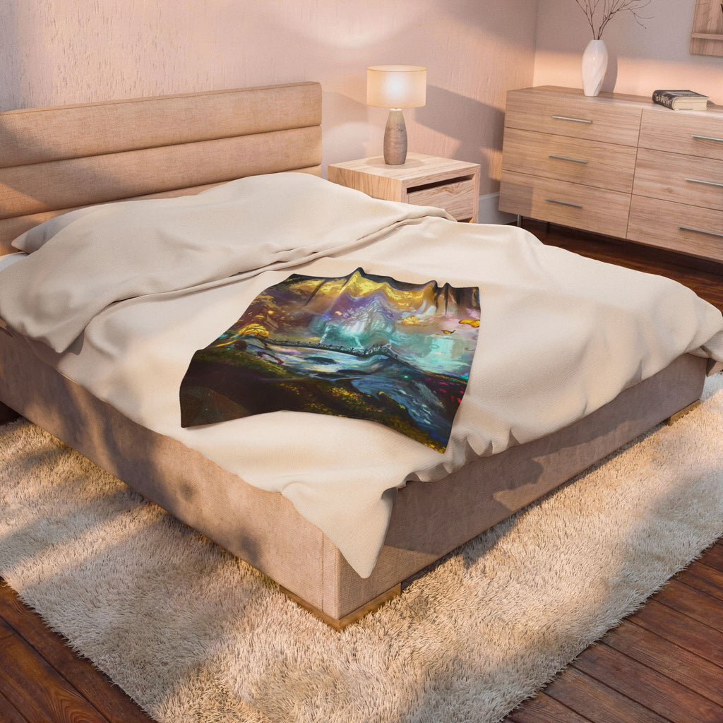 Enchanted Forest Velveteen Plush Blanket — Dreamy Fairy Bridge Design