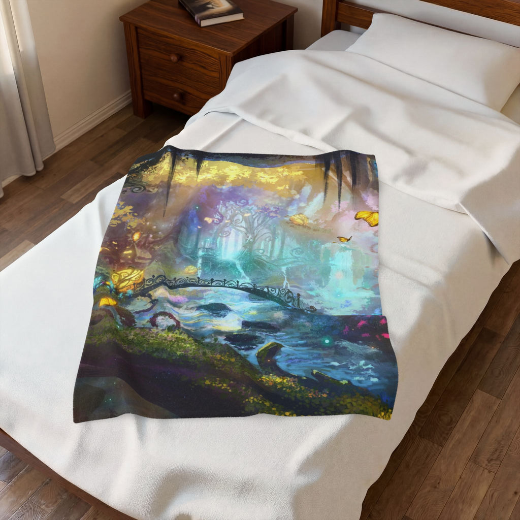 Enchanted Forest Velveteen Plush Blanket — Dreamy Fairy Bridge Design
