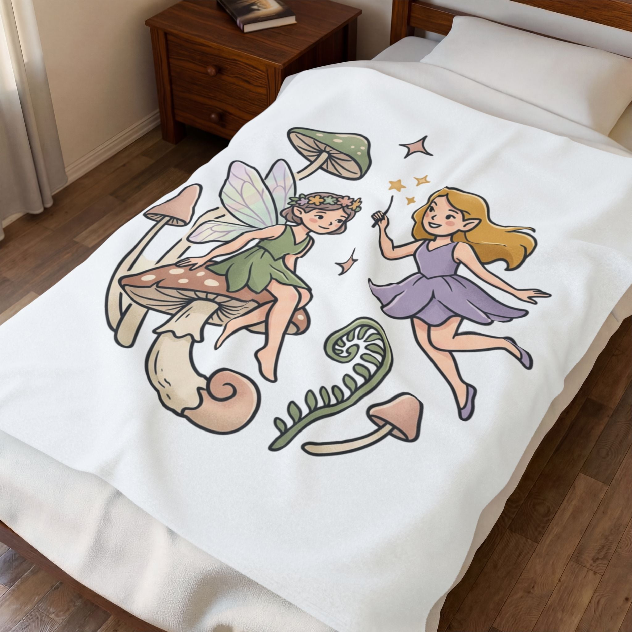 Fairy Mushroom Velveteen Plush Blanket — Whimsical Woodland Fairy Throw for Kids & Gift