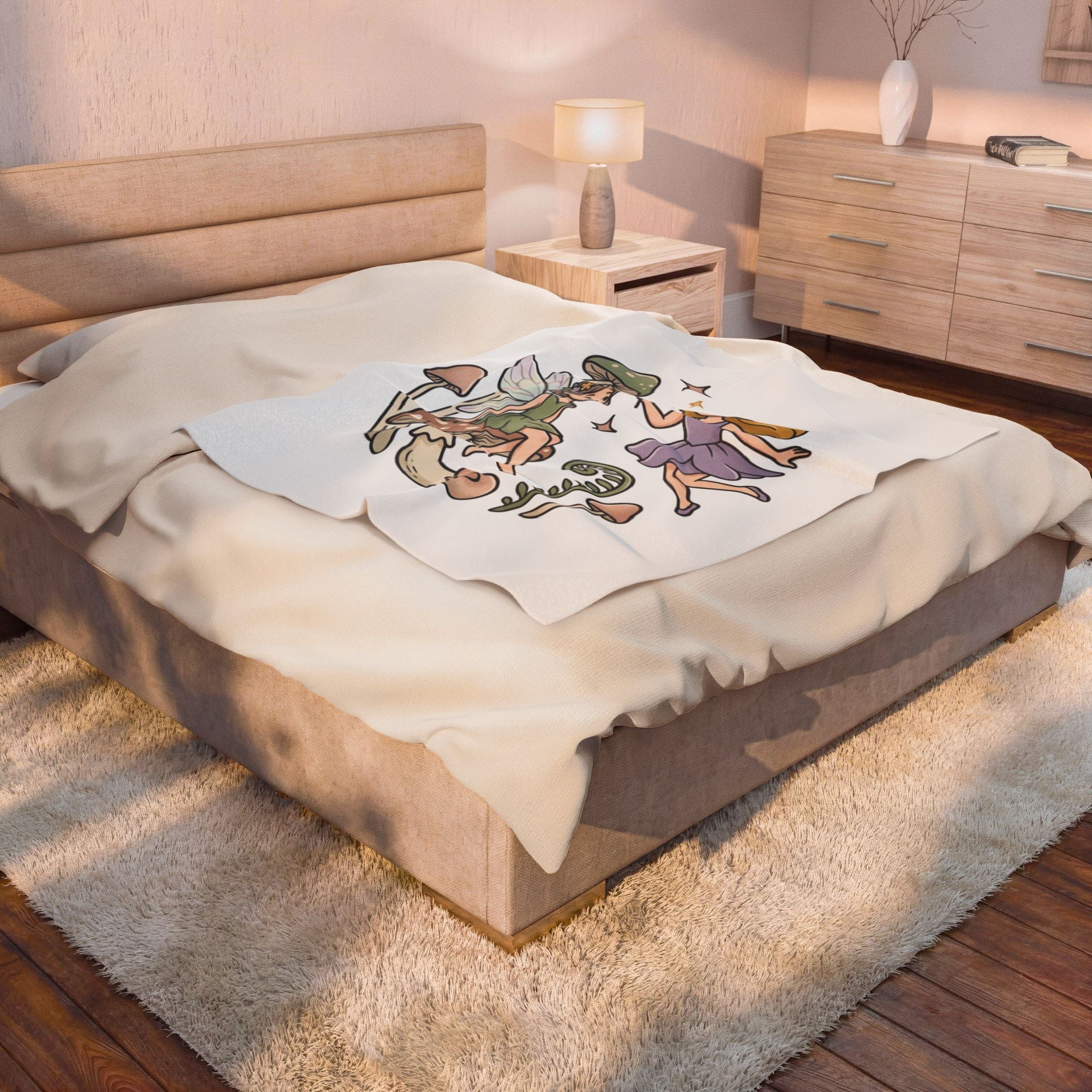 Fairy Mushroom Velveteen Plush Blanket — Whimsical Woodland Fairy Throw for Kids & Gift