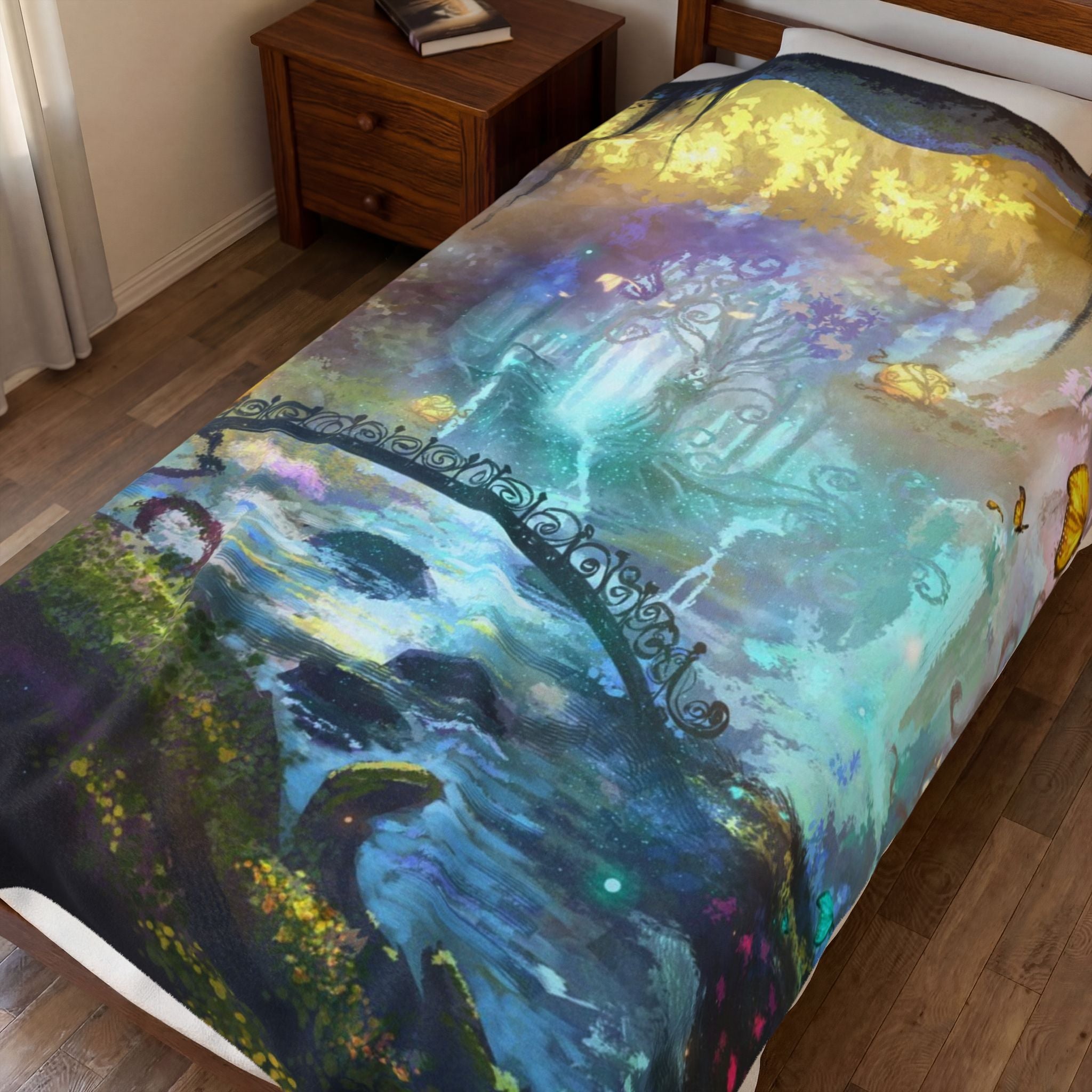 Enchanted Forest Velveteen Plush Blanket — Dreamy Fairy Bridge Design