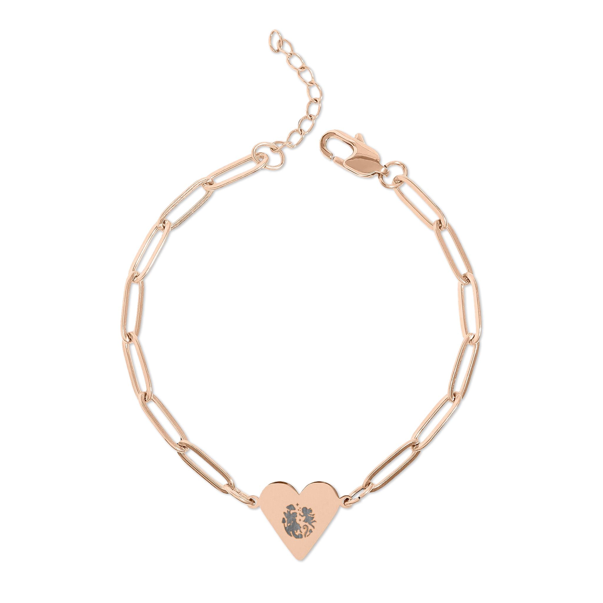Engravable Paperclip Chain Bracelet with Heart Charm — Personalized Rose Gold